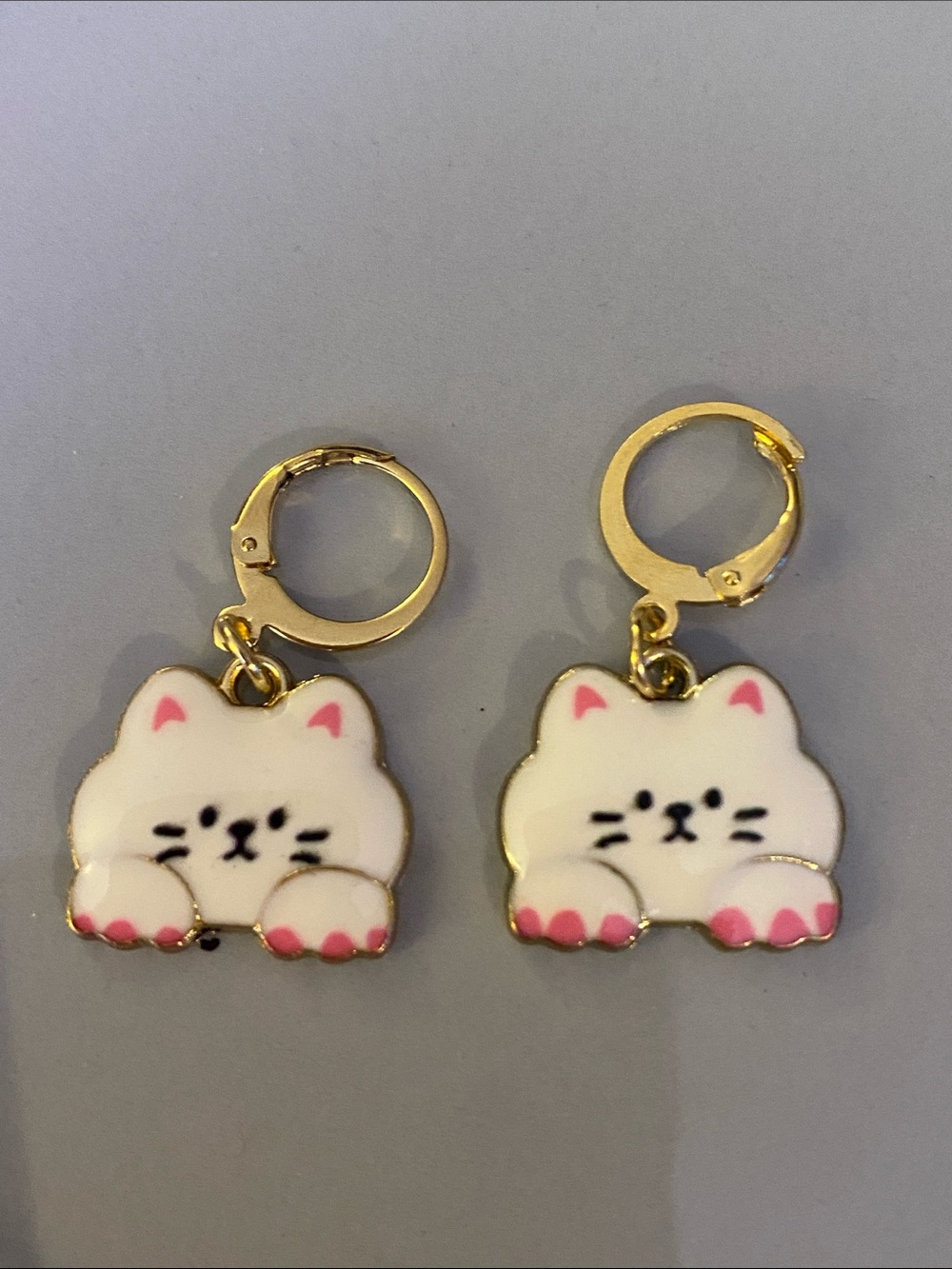 Cute White Cat Enamel Hoop Earrings with Pink Accents